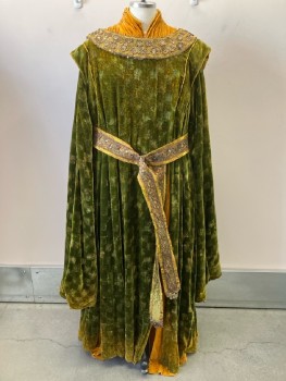 N/L, Moss Green, Mustard Yellow, Velvet Fabric, Wide Neck With Beaded Detail Trim, Long Draping Sleeves, Multiple Slits, Made To Order,