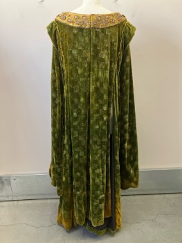 N/L, Moss Green, Mustard Yellow, Velvet Fabric, Wide Neck With Beaded Detail Trim, Long Draping Sleeves, Multiple Slits, Made To Order,