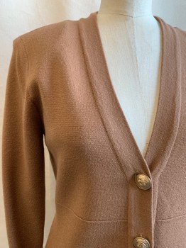 Womens, Cardigan Sweater, L'AGENCE, Brown, Rayon, Nylon, Solid, M, Long, Empire Waist Seam, Gold Embossed Button Front, 2 Faux Buttons with Gold Button Detail, Long Sleeves, Shoulder Pads