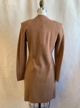L'AGENCE, Brown, Rayon, Nylon, Solid, Long, Empire Waist Seam, Gold Embossed Button Front, 2 Faux Buttons with Gold Button Detail, Long Sleeves, Shoulder Pads