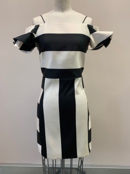 Womens, Cocktail Dress, TOP SHOP, Black, Pearl White, Polyester, Stripes - Horizontal , 2, Off The Shoulders, Flared Sleeve, Straight Neckline, Bodycon, Back Zipper,