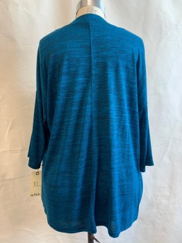Womens, Cardigan Sweater, JOE FRESH, Teal Blue, Black, Polyester, Viscose, Heathered, XL, Open Front, 2 Pockets, 3/4 Sleeves
