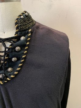 Mens, Historical Fiction Shirt, MTO, Black, Gold Metallic, Cotton, Solid, M, Mandarin Collar, Lace Front, L/S, Gold and Black Twist Braid Trim at Neck and Cuffs, Silver Dome Grommets *Fading at Shoulders* *Aged/Distressed*
