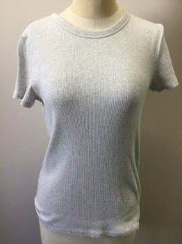 UNIQLO, Heather Gray, Polyester, Cotton, Heathered, Light Heather Ribbed Knit, Crew Neck, Short Sleeves,