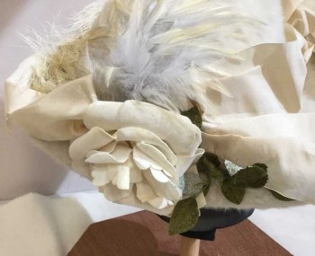 N/L, Cream, Olive Green, Feathers, Synthetic, Solid, Floral, Cream Mohair, Cream Folded Ribbon, Cut Work Lace,-out Flower,leaves W/feather Work Detail Piece On Brim, Silk Ribbon is Fragile & Ripping
