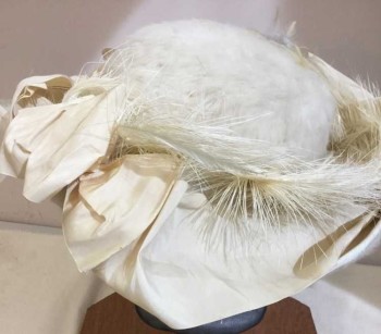 N/L, Cream, Olive Green, Feathers, Synthetic, Solid, Floral, Cream Mohair, Cream Folded Ribbon, Cut Work Lace,-out Flower,leaves W/feather Work Detail Piece On Brim, Silk Ribbon is Fragile & Ripping