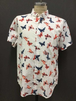 BONOBOS, White, Red, Navy Blue, Cotton, Novelty Pattern, Button Front, Button Down Collar, Short Sleeve,