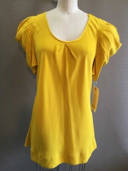 ALI RA, Mustard Yellow, Silk, Spandex, Solid, Satin Trimmed Scoop Neck with Front Pleat, Draped 40's Style Short Sleeve,  Bias,