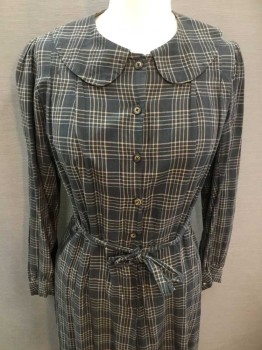 MTO, Faded Black, Tan Brown, Cotton, Plaid, Made To Order, Brown Tortie Faux Buttons Center Front with Snaps Behind, Long Sleeves with Cuffs, Rounded Collar, Self Belt, Skirt Gathered At Waist From Side Seam To Center Back, Condition Is Good, Cotton Is Still Springy and Drapes Well, 3rd Class, Pioneer, Old West, Working Woman,