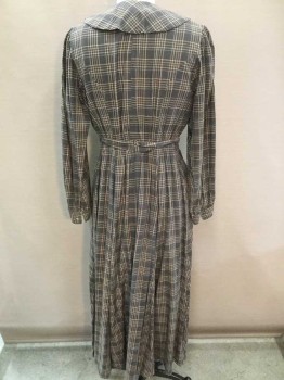 MTO, Faded Black, Tan Brown, Cotton, Plaid, Made To Order, Brown Tortie Faux Buttons Center Front with Snaps Behind, Long Sleeves with Cuffs, Rounded Collar, Self Belt, Skirt Gathered At Waist From Side Seam To Center Back, Condition Is Good, Cotton Is Still Springy and Drapes Well, 3rd Class, Pioneer, Old West, Working Woman,