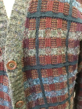 Mens, Cardigan Sweater, LINDA LARSON, Olive Green, Brown, Blue, Forest Green, Cotton, Wool, Plaid-  Windowpane, M, Long Sleeves, 5 Buttons, Texture