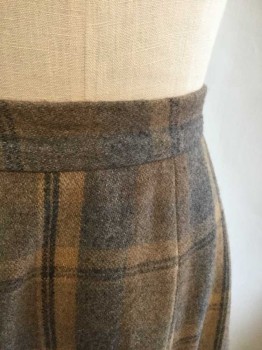 N/L, Gray, Tan Brown, Beige, Wool, Plaid, Heavy Wool, 1.5" Wide Waistband, Gathered At Waist In Back Only, Snap Closures At Center Back Waist, Ankle Length Hem, Made To Order,