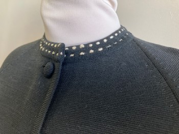 Womens, Sweater, PUCCINI, Black, Tan Brown, Wool, H39, B38, Black Button Front Cardigan, Tan Dots Around Collar and Hem, 3/4 Raglan Sleeve, Repairs Made To Collar