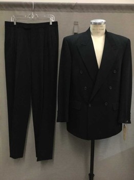 Mens, Suit, Jacket, Sy Devore, Black, Wool, Solid, 44R, Peaked Lapel, Double Breasted with 6 ButtonsFC013547