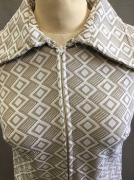 N/L, Beige, White, Polyester, Geometric, Diamonds, Short Sleeve,  Zipper At Center Front, Collar Attached,  Hem Above Knee,