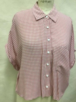 Womens, Blouse, VISCOSE, Mauve Pink, Off White, Viscose, Geometric, M, Mauve-pink W/off White Square, Collar Attached, Button Front, 1 Pocket, Rolled Up FC018148Short Sleeves
