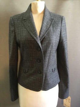 Womens, Blazer, BENETTON, Gray, Brown, Tan Brown, Black, Wool, Nylon, Plaid, B 36, Single Breasted, 3 Buttons,  Notched Lapel, Cropped, 2 Pockets, with Button Tabs