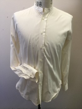 N/L, Ivory White, Cotton, Solid, Long Sleeves, Button Front, Band Collar, French Cuffs,