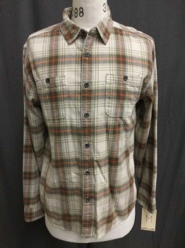 Quiksilver, Tan Brown, Brown, Orange, Cotton, Plaid, Flannel, Long Sleeves, Button Front, Collar Attached, 2 Pockets