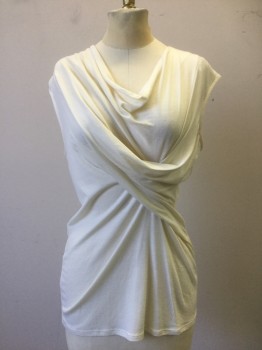CLASSIQUES ENTIER, Cream, Wool, Viscose, Solid, Wool Blend Jersey. Draped Scooped Neckline. and Twisted Drape at Waist Small Cap.
