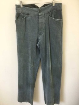 N/L, Slate Gray, Cotton, Solid, Cotton Canvas, Button Fly, 2" Wide Waistband, 2 Side Front Pockets, Suspender Buttons Inside Waist, Belted Back, Made To Order Reproduction "Old West" Wear  **Wear and Stains Throughout