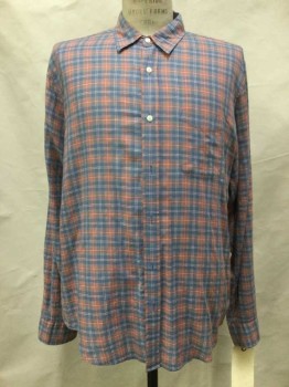 FAHERTY, Salmon Pink, Dusty Blue, Mint Green, Ivory White, Cotton, Plaid, Salmon/dusty Blue/mint/ivory Plaid, Button Front, Collar Attached, Long Sleeves, 1 Pocket,