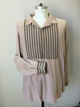 N/L, Mauve Pink, Charcoal Gray, Cotton, Solid, Stripes, Working Class. Flannel Shirt. Dusty Mauve with Dusty Mauve & Charcoal Striped Bib Front & Cuffs. Long Sleeves, 3 Button Placket, Collar Attached, Aged,
