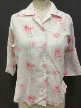 RALPH LAUREN, White, Pink, Green, Cotton, Floral, Collar Attached, Button Front, 3/4 Sleeves