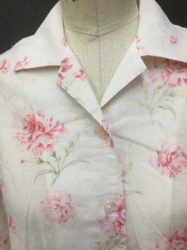 RALPH LAUREN, White, Pink, Green, Cotton, Floral, Collar Attached, Button Front, 3/4 Sleeves
