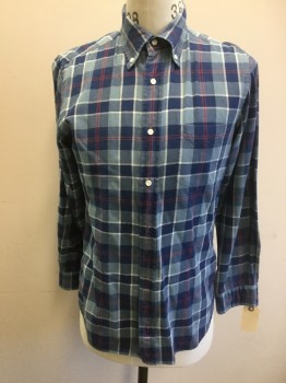 Mens, Casual Shirt, GANT, Dusty Blue, Navy Blue, Red, White, Cotton, Plaid, M, Button Front, Button Down Collar Attached, Long Sleeves, 1 Pocket,