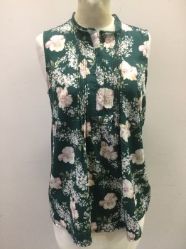 A NEW DAY, Dk Green, Pink, Cream, Polyester, Rayon, Floral, Floral Front, Solid Green Knit Back, Tuck Pleats 1/2 Front, 1/2 Hidden Placket Bf, Lace Band Collar, Sleeveless