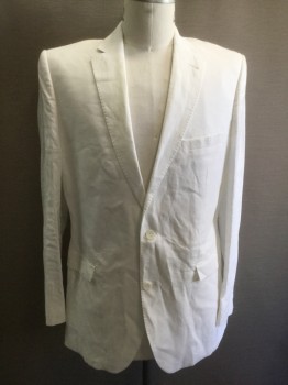 MOSS 1851, White, Linen, Solid, Single Breasted, Notched Lapel, Hand Picked Collar/Lapel, 3 Pockets, 2 Buttons