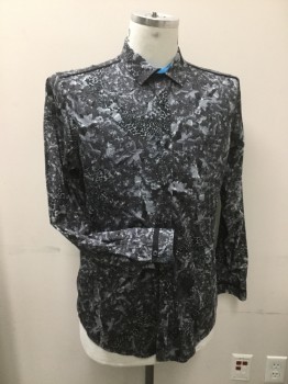 INC, Charcoal Gray, Lt Gray, Cotton, Abstract , Animal Print, Long Sleeves, Collar Attached, Button Front, Turquoise Blue Collar Facing.