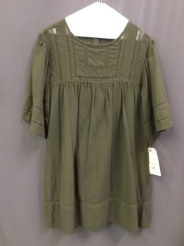 ZARA, Olive Green, Cotton, Solid, Round Neck, 1/2 Sleeves with Lace Inserts, Pullover, Lace Insert Front Yoke, Back Zipper, Gathers at Front and Back Yoke, Built in Romper Slip