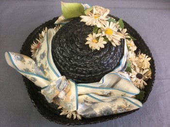 NL, Black, Cream, Multi-color, Straw, Silk, Solid, Floral, Black Coarsely Woven Straw, Cream with Multicolor Watercolor Floral Pattern Ribbon Band with Large Bow, Assorted Silk Flowers with Ecru Petals,