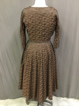 MURRAY WHITE, Brown, Black, Acetate, Abstract , Brocade, V-neck Peek-a-boo, 3/4 Sleeves with Self Covered Buttons, Gored Skirt, Gussetted Armseye, Matching BELT