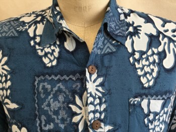 Mens, Hawaiian Shirt, DREAMLAND, Midnight Blue, White, Baby Blue, Black, Rayon, Hawaiian Print, M, Collar Attached, Wood Button Front, 1 Pocket, Short Sleeves, (small Hole in the Back Bottom Left)