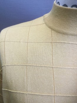 Mens, Pullover Sweater, PAUL FREDRICK, Dijon Yellow, Silk, Solid, Check , M, Short Sleeves, Mock Turtle Neck, Knit with Textured Grid Pattern, Retro 1970's & 1990's,
