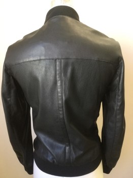 Mens, Casual Jacket, ZARA, Black, Synthetic, Solid, M, Pleather, Micro Punch Out Detail, Rib Knit Collar/waist/cuffs