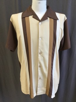 NEW GEN, Brown, Camel Brown, Beige, Tan Brown, Polyester, Stripes - Vertical , Collar Attached, Button Front, Short Sleeves, Solid Brown Back