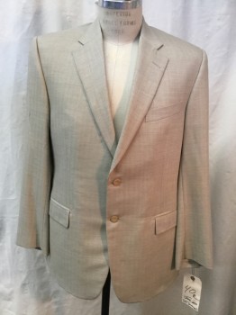 NO LABEL, Oatmeal Brown, Wool, Heathered, Herringbone, Notched Lapel, Collar Attached, 2 Buttons,  3 Pockets,