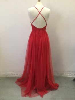 LUXXEL, Red, Polyester, Solid, V-neck to Insert Waistband, Back Zipper, Adjustable X Back Straps, Tulle Over Knit Built in Slip with High Double Slits in Front, Full Length Gown