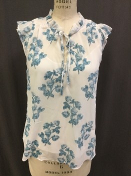 Womens, Blouse, POINT SUR, White, Teal Blue, Polyester, Floral, M, Sheer with Attached Camisole, Pullover, V-neck with Tie at Neck, Ruffle Neck Trim, Smocked Shoulder Seams, Ruffle Cap Sleeves,