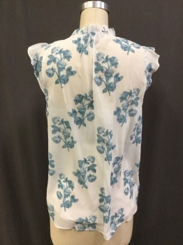 POINT SUR, White, Teal Blue, Polyester, Floral, Sheer with Attached Camisole, Pullover, V-neck with Tie at Neck, Ruffle Neck Trim, Smocked Shoulder Seams, Ruffle Cap Sleeves,