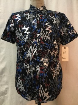 INC, Black, Gray, Royal Blue, Red Burgundy, Silver, Cotton, Abstract , Black, Gray/ Royal Blue/ Burgundy/ Silver Abstract Print, Button Front, Collar Attached, Short Sleeves,