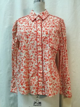Womens, Blouse, DVF, Beige, Red-Orange, Cotton, Spandex, Floral, 10, Beige, Red orange Floral Print, Button Front, Collar Attached, Long Sleeves, Red orange Piping Trim, 1 Pocket,