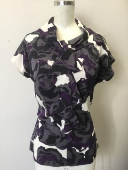 CLASSIQUES ENTIER, Gray, Aubergine Purple, Cream, Black, Polyester, Spandex, Floral, Abstract , Cap Sleeves, Round Gathered Neckline with Vertical Ruffle Down Center Front, Gathered at Shoulder Seams, Center Back Zipper