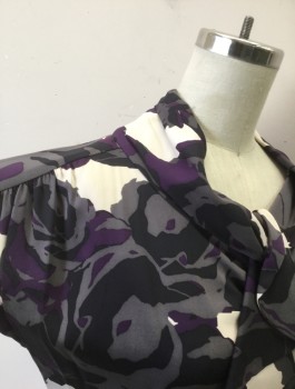 CLASSIQUES ENTIER, Gray, Aubergine Purple, Cream, Black, Polyester, Spandex, Floral, Abstract , Cap Sleeves, Round Gathered Neckline with Vertical Ruffle Down Center Front, Gathered at Shoulder Seams, Center Back Zipper