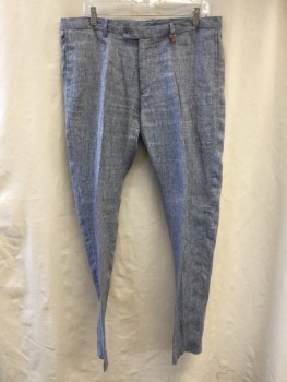 Mens, Casual Pants, ZARA, Blue, Linen, 2 Color Weave, 34, Flat Front,