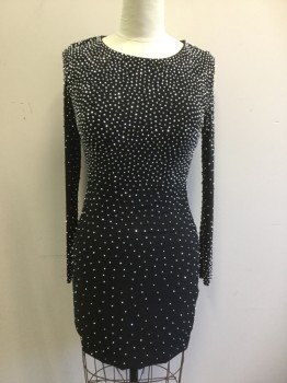 Womens, Cocktail Dress, XSCAPE, Black, Polyester, Spandex, Solid, 10, Rhinestone Throughout, More Rhinestones on Top Than Bottom, Stretch, Pullover, Scoop Neck, Long Sleeves